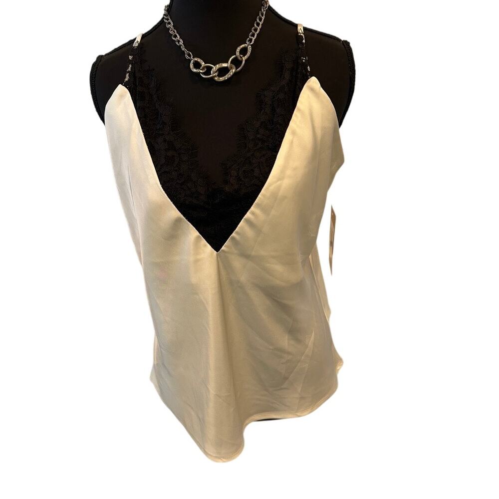 JustFab Womens S White Satin Black Lace Trim Spaghetti Strap Camisole Top NWT